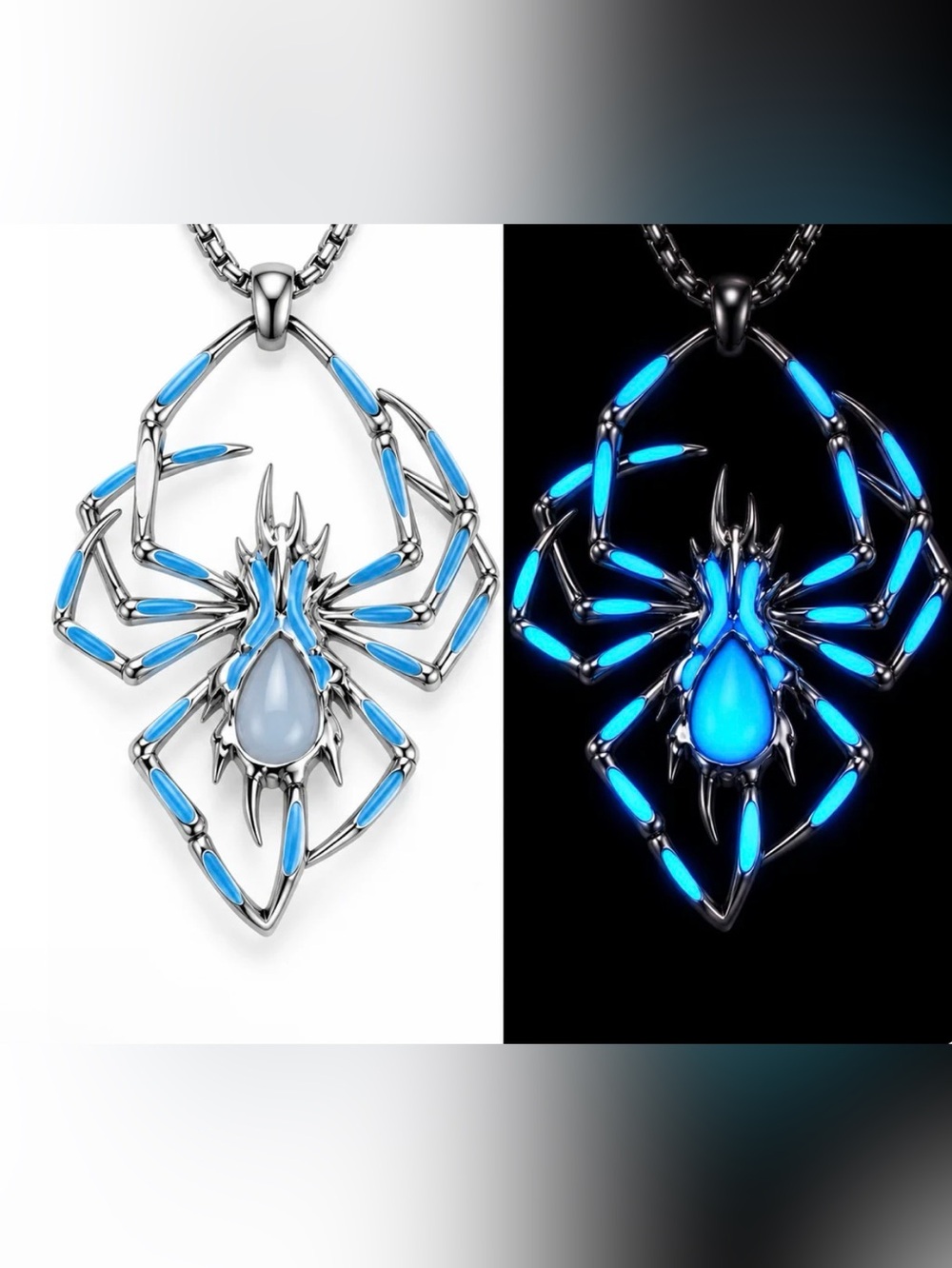 Silver Tone Blue Glow in Dark Spider Widow Pendant Necklace W/24” Chain NWOT